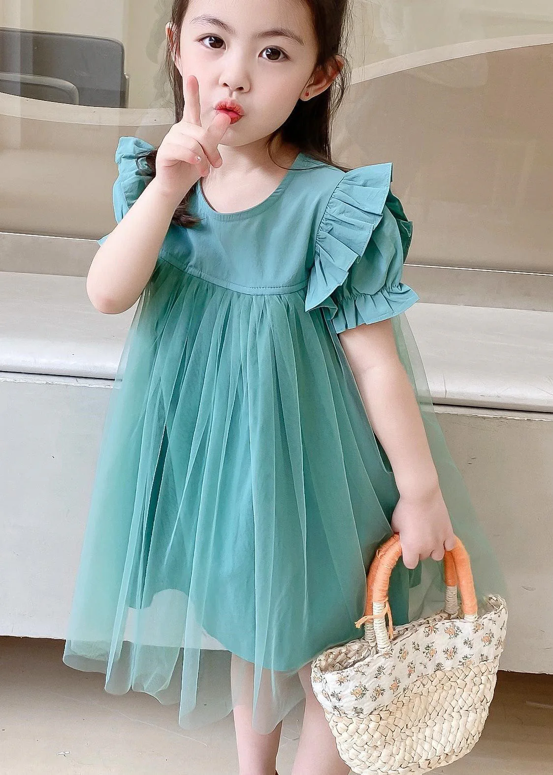 Classy Green O-Neck Ruffled Patchwork Tulle Girls Long Dresses Summer - Image 2