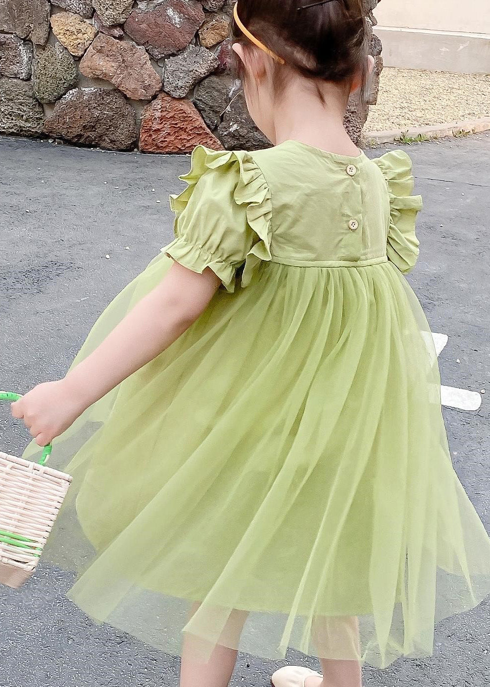 Classy Green O-Neck Ruffled Patchwork Tulle Girls Long Dresses Summer - Image 3
