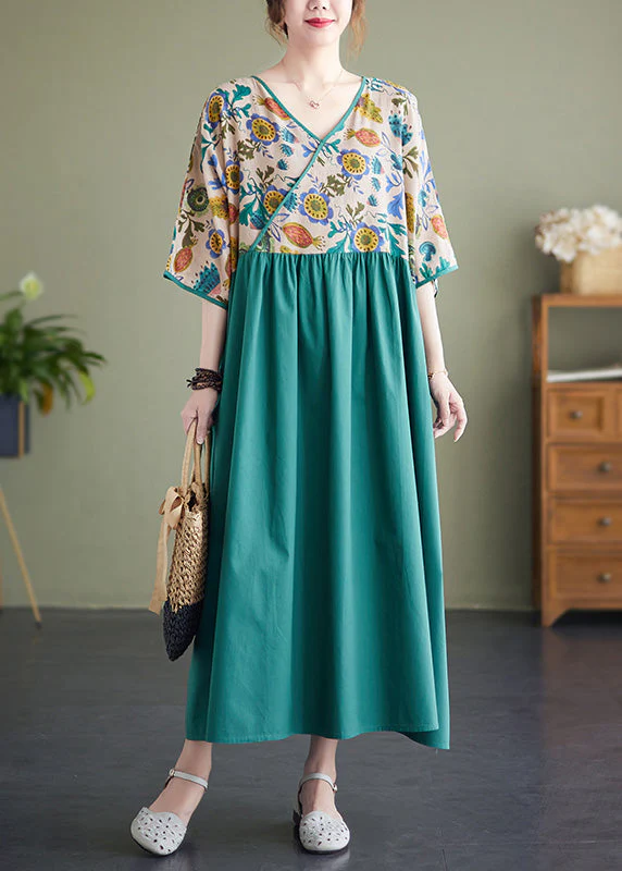 Classy Green Patchwork Wrinkled Cotton Holiday Long Dress Summer - Image 2