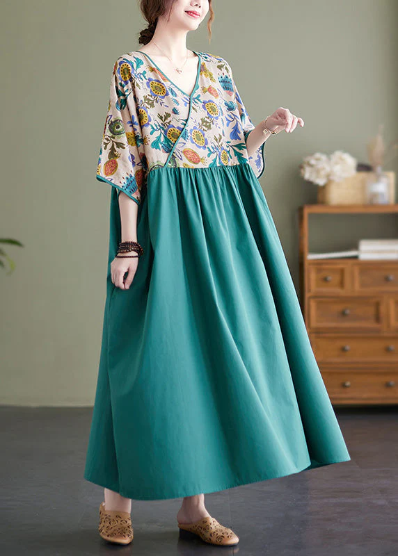 Classy Green Patchwork Wrinkled Cotton Holiday Long Dress Summer - Image 3