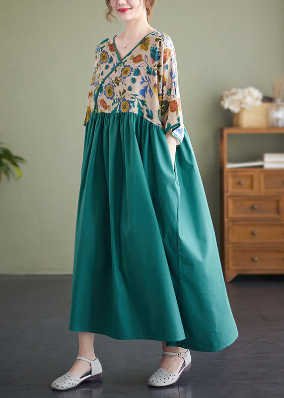 Classy Green Patchwork Wrinkled Cotton Holiday Long Dress Summer - Image 4