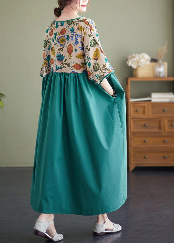 Classy Green Patchwork Wrinkled Cotton Holiday Long Dress Summer - Image 5