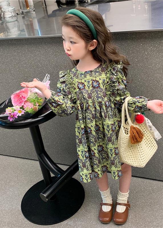 Classy Green Ruffled Patchwork Girls Maxi Dress Long Sleeve - Image 2