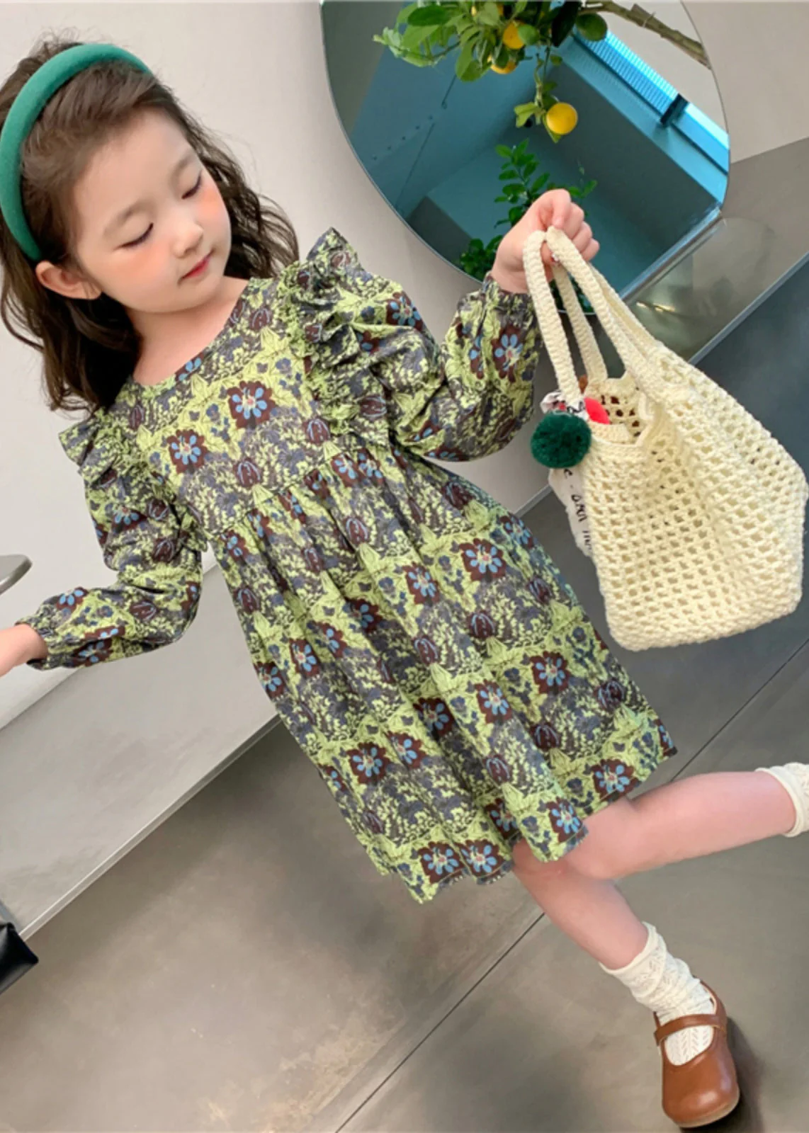 Classy Green Ruffled Patchwork Girls Maxi Dress Long Sleeve - Image 3