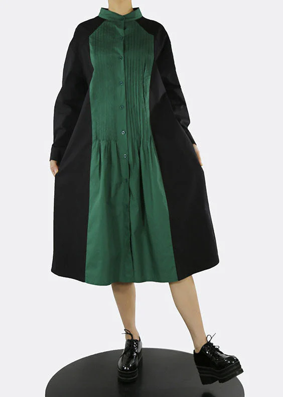 Classy Green Stand Collar button Patchwork shirt Dresses Spring - Image 2