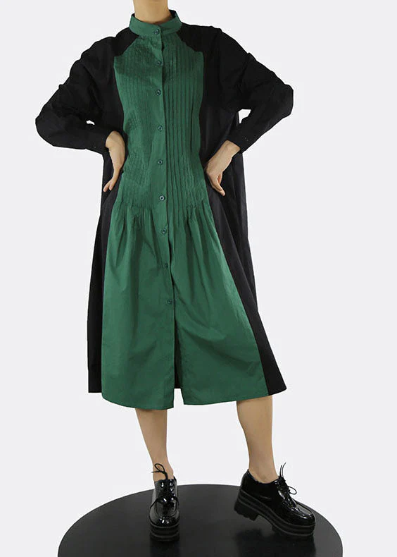Classy Green Stand Collar button Patchwork shirt Dresses Spring - Image 3