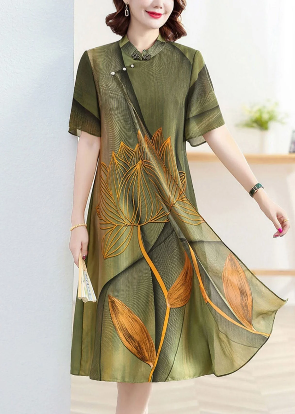 Classy Green Stand Collar Lotus Print Patchwork Silk Dress Summer - Image 2