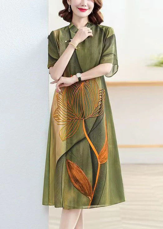 Classy Green Stand Collar Lotus Print Patchwork Silk Dress Summer - Image 3