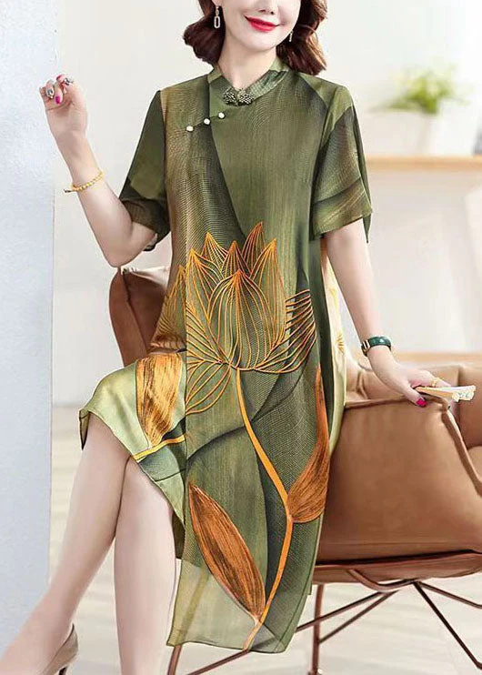 Classy Green Stand Collar Lotus Print Patchwork Silk Dress Summer - Image 4