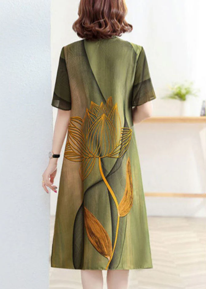 Classy Green Stand Collar Lotus Print Patchwork Silk Dress Summer - Image 5
