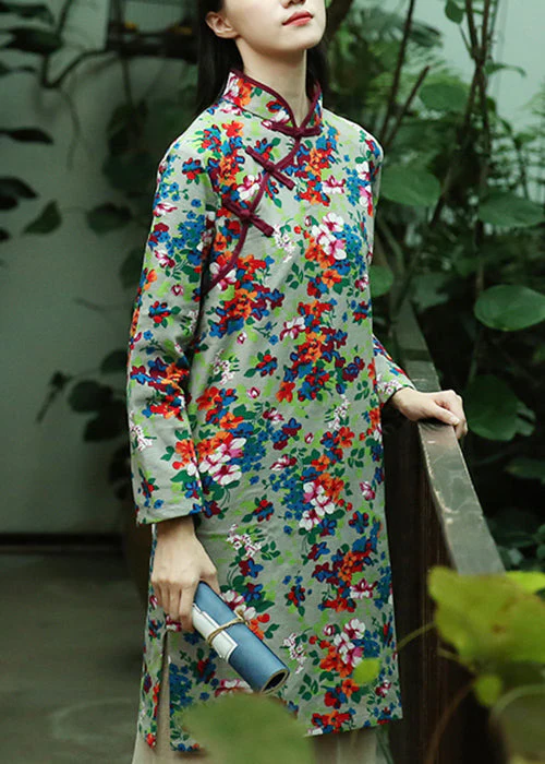 Classy Green Stand Collar Print Button Cotton Mid Dress Fall - Image 4