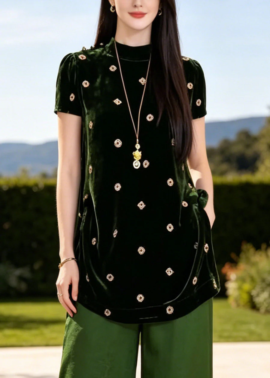 Classy Green Stand Collar Print Silk Two Piece Set Women Clothing Summer - Image 2