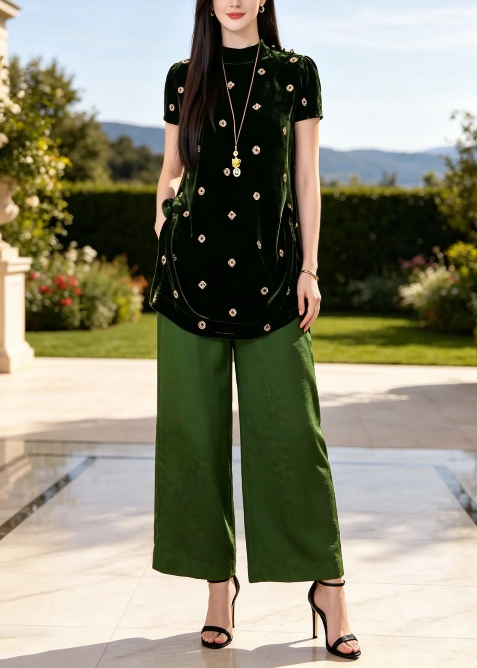 Classy Green Stand Collar Print Silk Two Piece Set Women Clothing Summer - Image 3