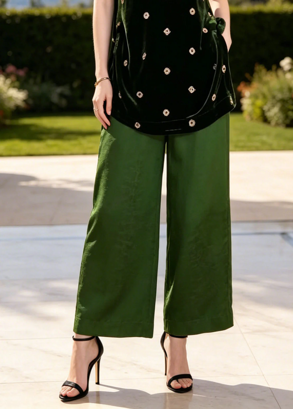 Classy Green Stand Collar Print Silk Two Piece Set Women Clothing Summer - Image 4