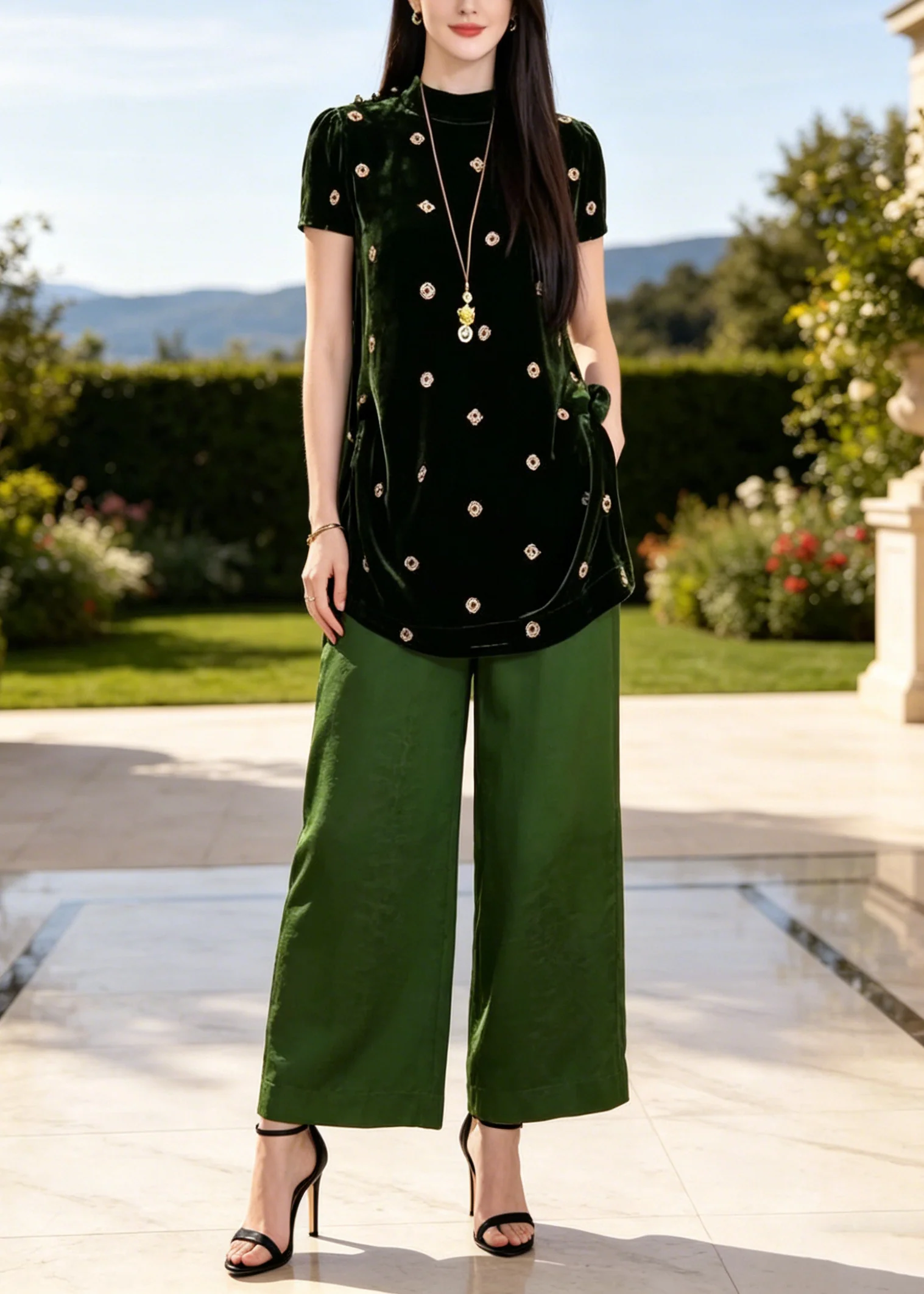 Classy Green Stand Collar Print Silk Two Piece Set Women Clothing Summer - Image 5