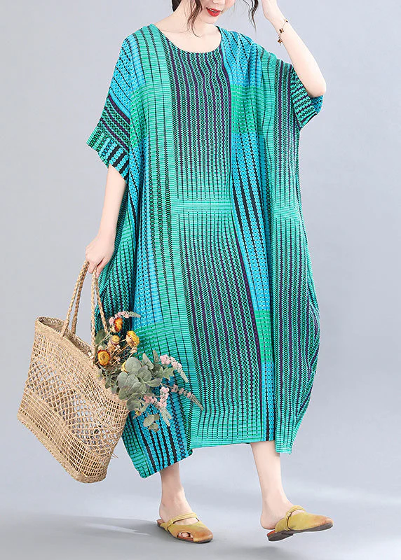 Classy Green Striped Print Holiday Long Dress Short Sleeve - Image 3