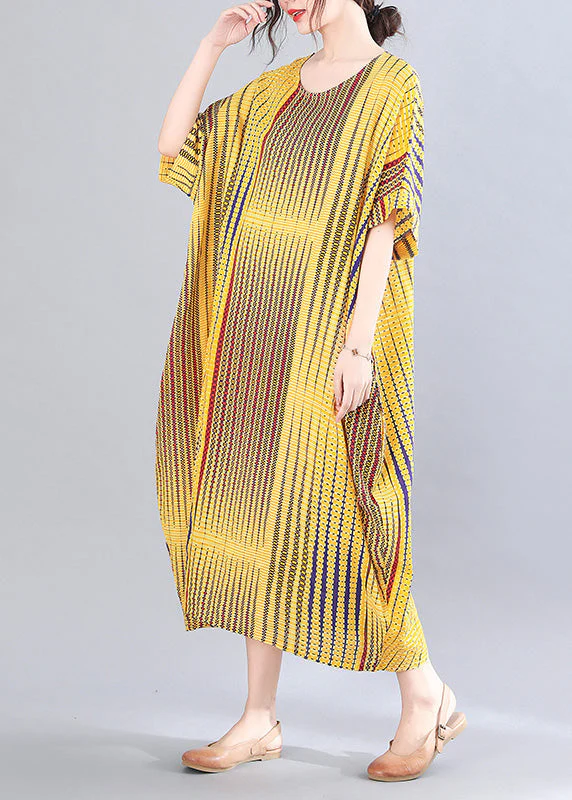 Classy Green Striped Print Holiday Long Dress Short Sleeve - Image 4
