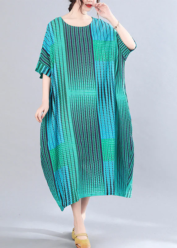 Classy Green Striped Print Holiday Long Dress Short Sleeve - Image 5