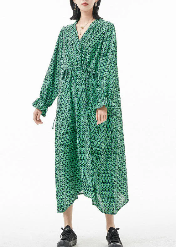 Classy Green tie waist V Neck Silk vacation Dress Spring - Image 2