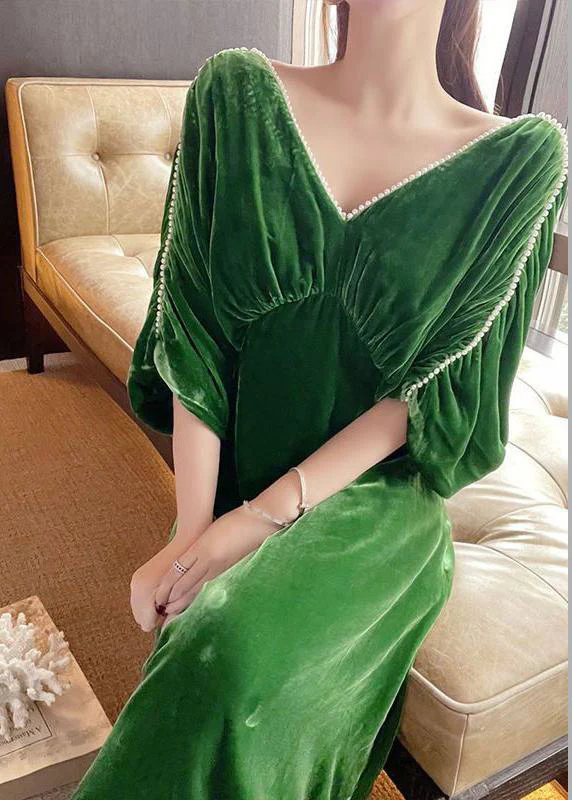 Classy Green V Neck Nail Bead Patchwork Silk Velvet Maxi Dress Fall - Image 2