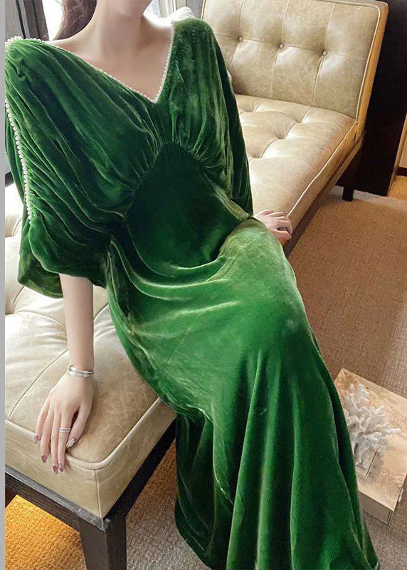 Classy Green V Neck Nail Bead Patchwork Silk Velvet Maxi Dress Fall - Image 3