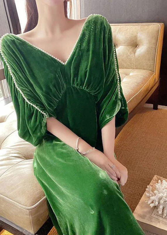 Classy Green V Neck Nail Bead Patchwork Silk Velvet Maxi Dress Fall - Image 4
