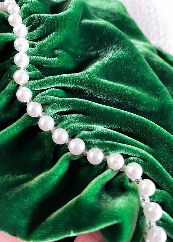 Classy Green V Neck Nail Bead Patchwork Silk Velvet Maxi Dress Fall - Image 5