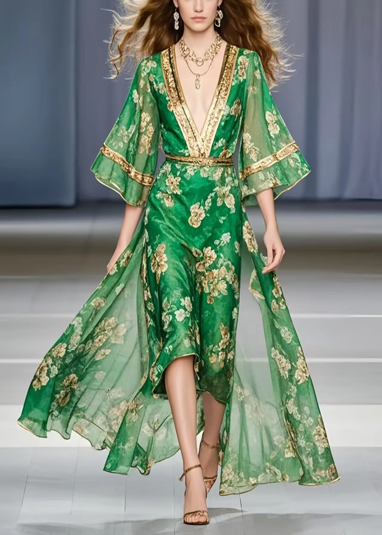 Classy Green V Neck Print Chiffon Vacation Dress Summer