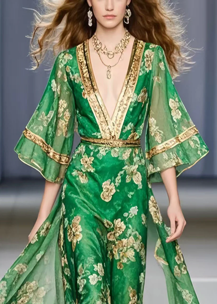 Classy Green V Neck Print Chiffon Vacation Dress Summer - Image 2