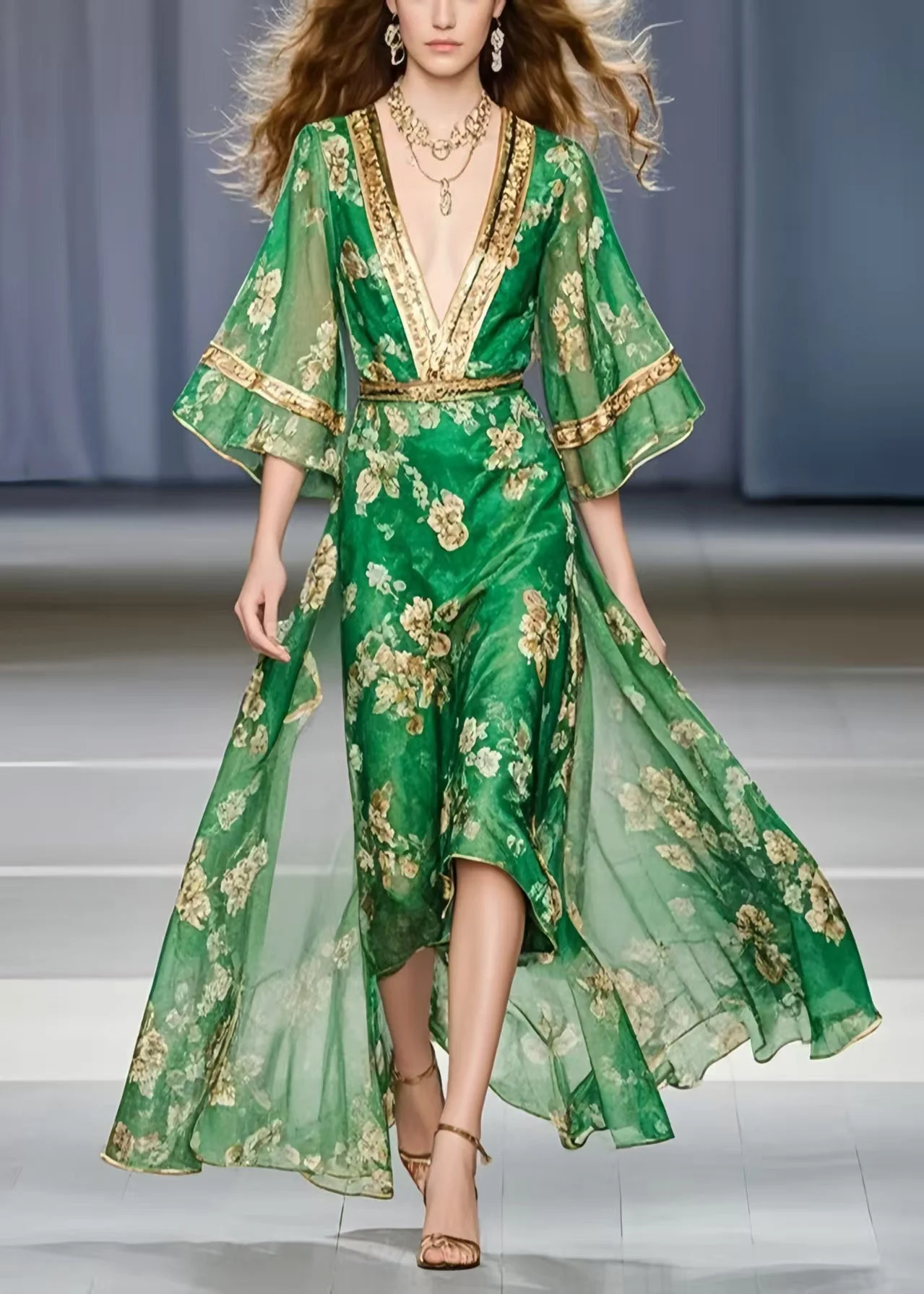 Classy Green V Neck Print Chiffon Vacation Dress Summer - Image 3