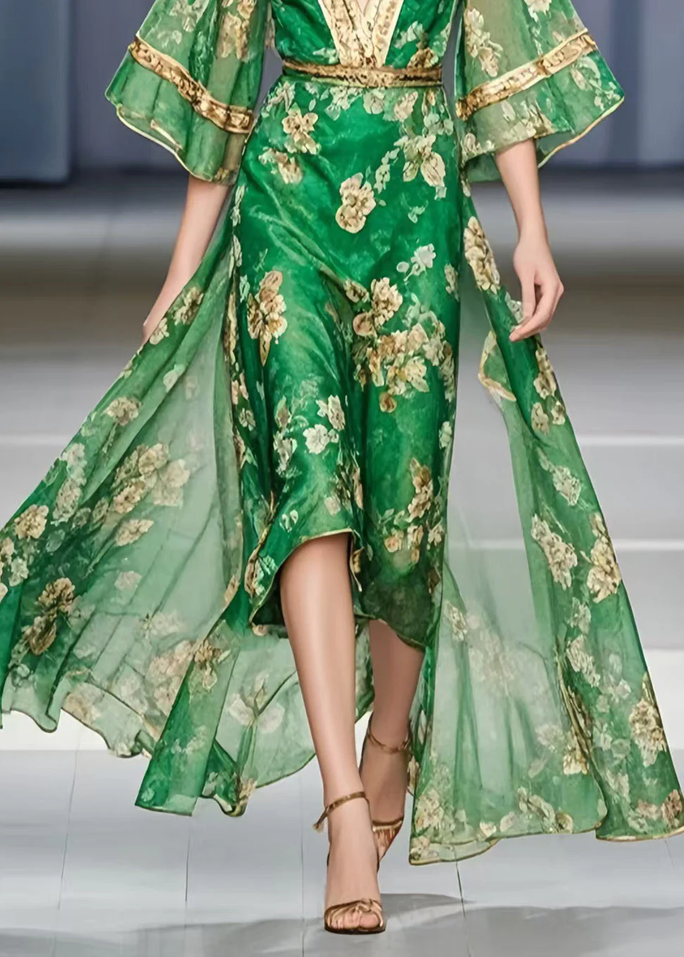 Classy Green V Neck Print Chiffon Vacation Dress Summer - Image 4