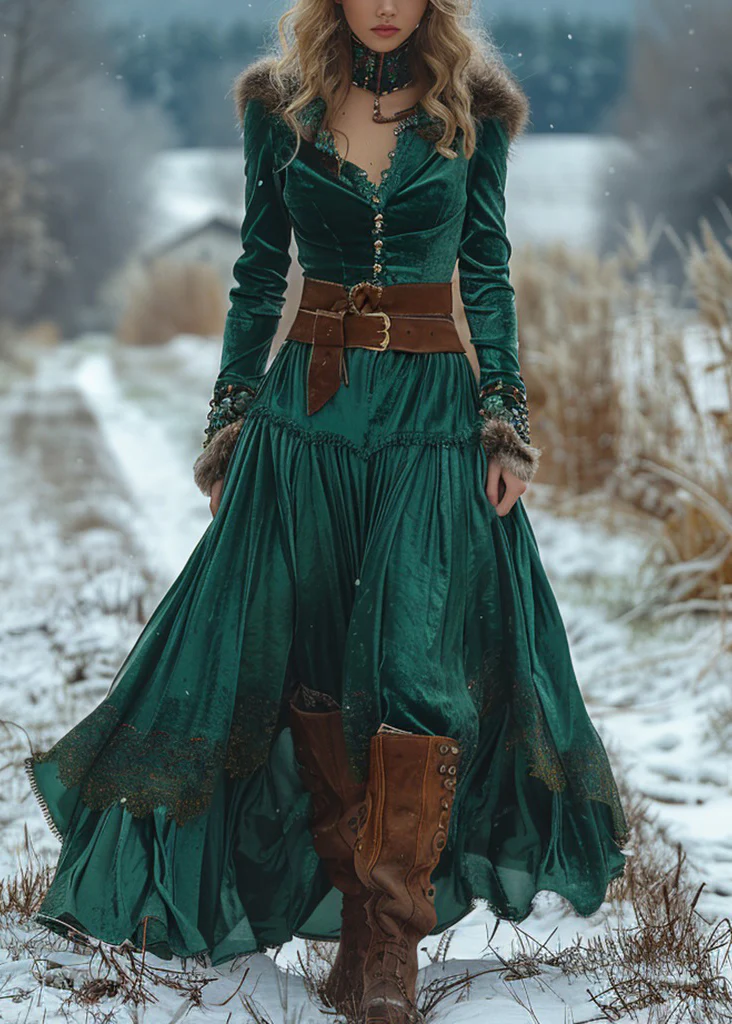 Classy Green Wrinkled Patchwork Velvet Robe Dresses Spring - Image 5