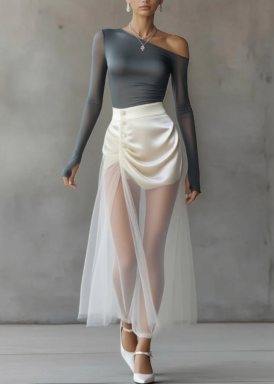 Classy Grey Cold Shoulder Top And Tulle Maxi Skirts Two Pieces Set Spring - Image 3