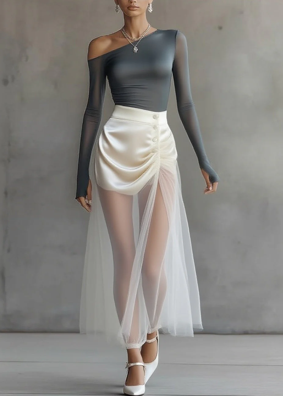 Classy Grey Cold Shoulder Top And Tulle Maxi Skirts Two Pieces Set Spring - Image 5