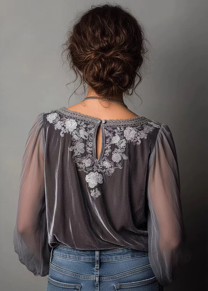 Classy Grey Embroidered Patchwork Velour Top Spring - Image 3
