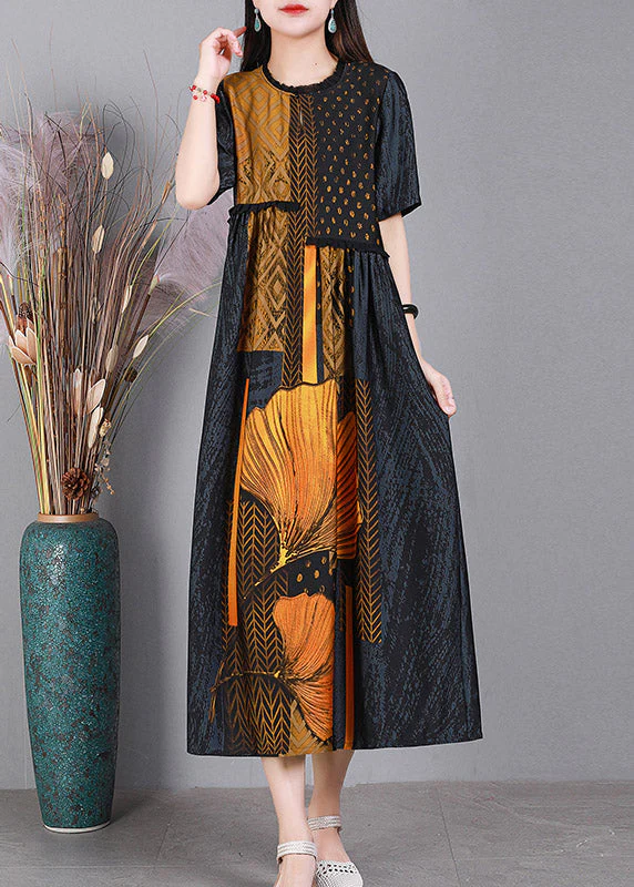 Classy Grey O-Neck Print Silk Party Dress Short Sleeve - Image 2