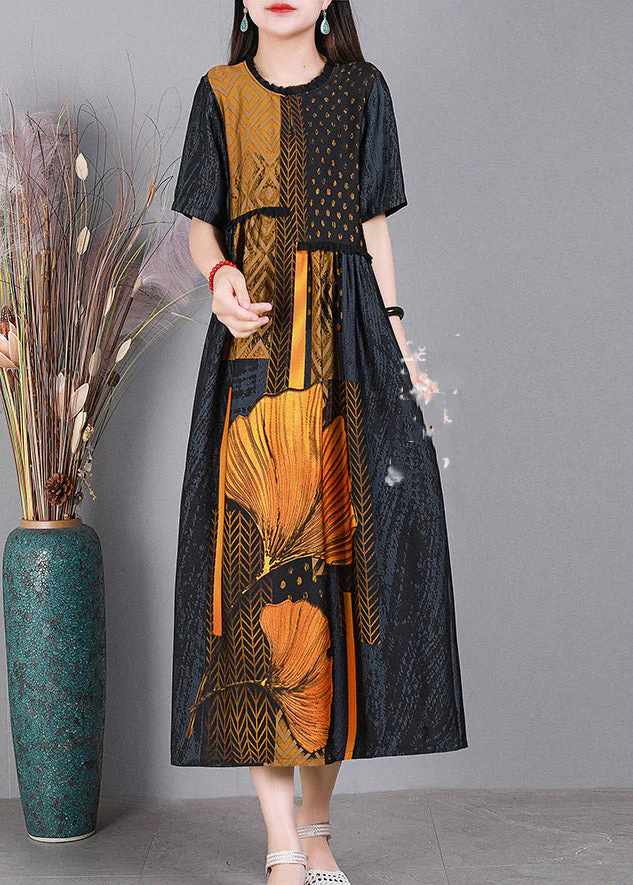 Classy Grey O-Neck Print Silk Party Dress Short Sleeve - Image 3