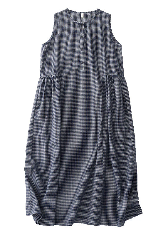 Classy Grey Oversized Plaid Linen Maxi Dresses Sleeveless - Image 2