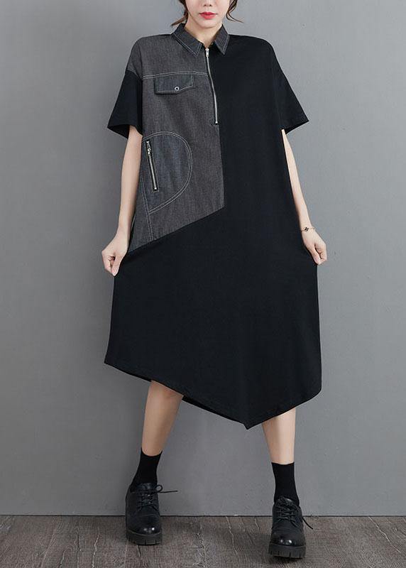 Classy Grey Patchwork Peter Pan Collar Pockets Long Summer Cotton Dress - Image 2