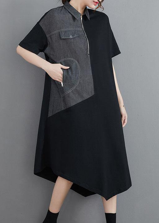 Classy Grey Patchwork Peter Pan Collar Pockets Long Summer Cotton Dress - Image 3