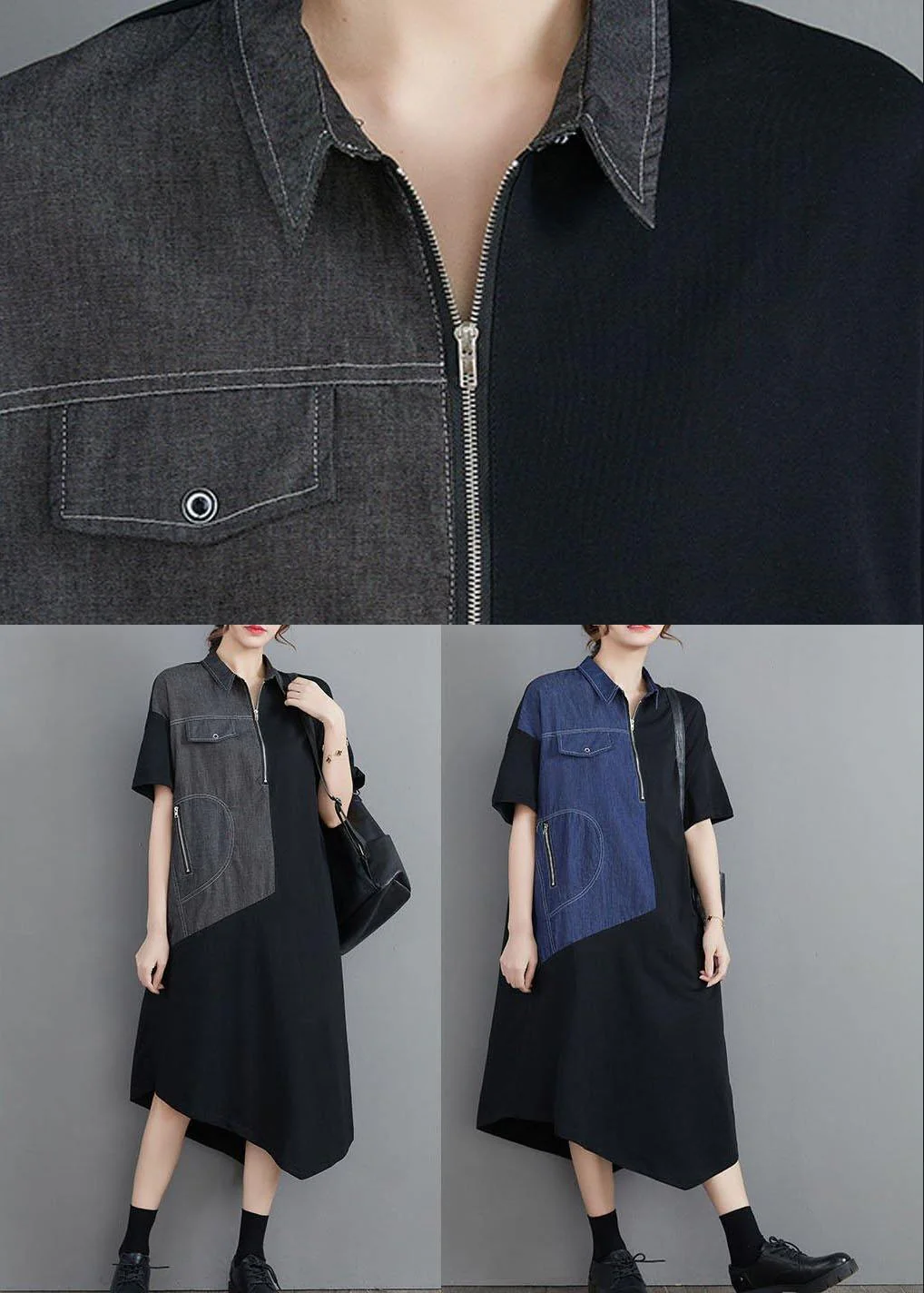 Classy Grey Patchwork Peter Pan Collar Pockets Long Summer Cotton Dress - Image 5