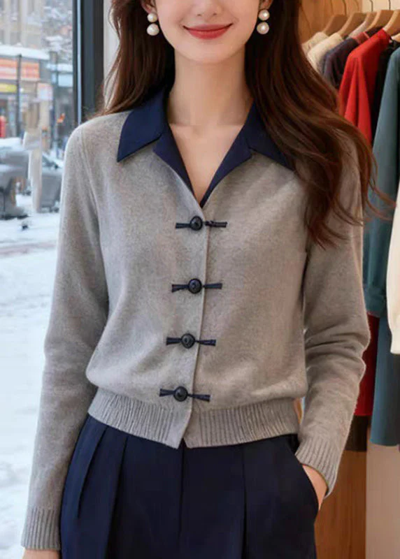 Classy Grey Peter Pan Collar Patchwork Button Cotton Knit Cardigans Spring - Image 2