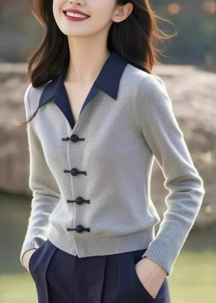 Classy Grey Peter Pan Collar Patchwork Button Cotton Knit Cardigans Spring - Image 4