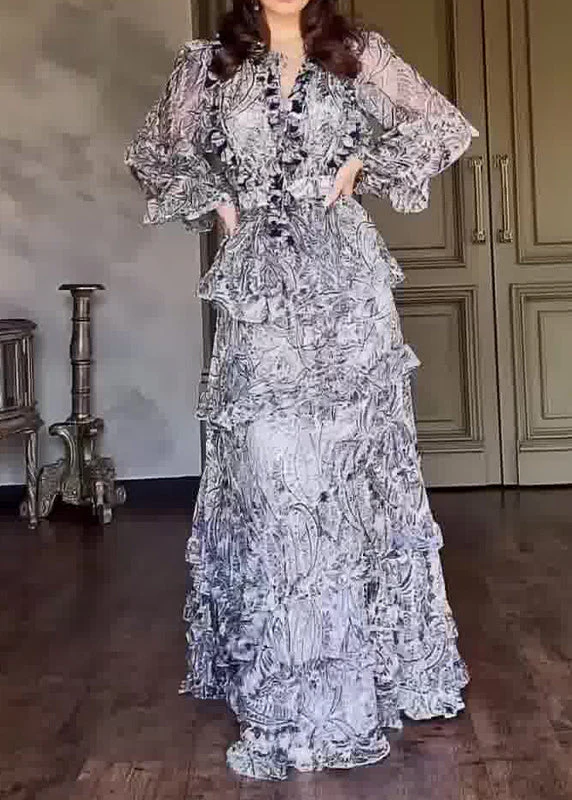 Classy Grey Ruffled Print Chiffon Dresses Lantern Sleeve - Image 2
