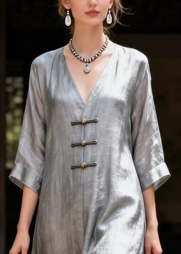 Classy Grey V Neck Chinese Button Side Open Silk Long Dress Summer - Image 2