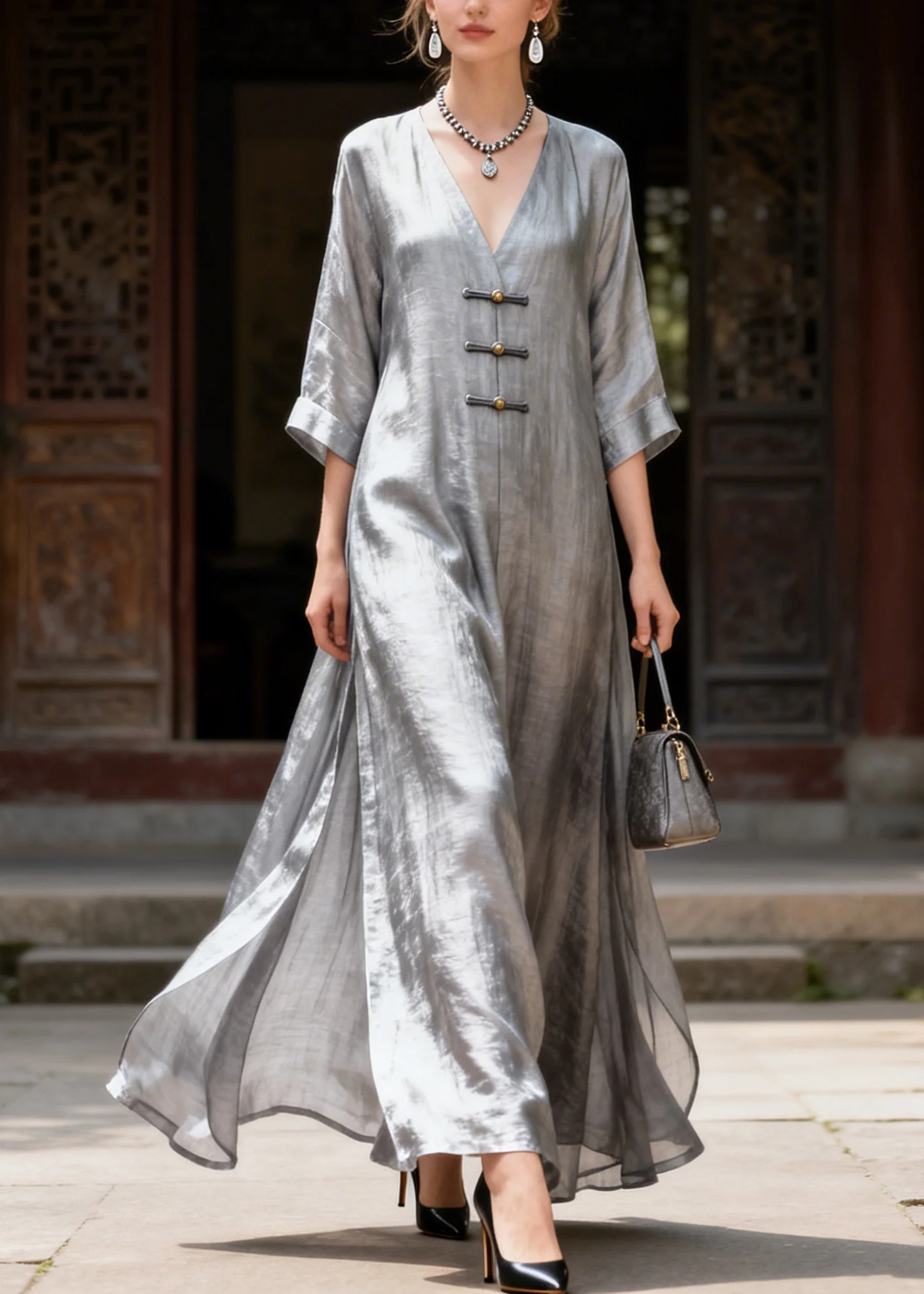 Classy Grey V Neck Chinese Button Side Open Silk Long Dress Summer - Image 3