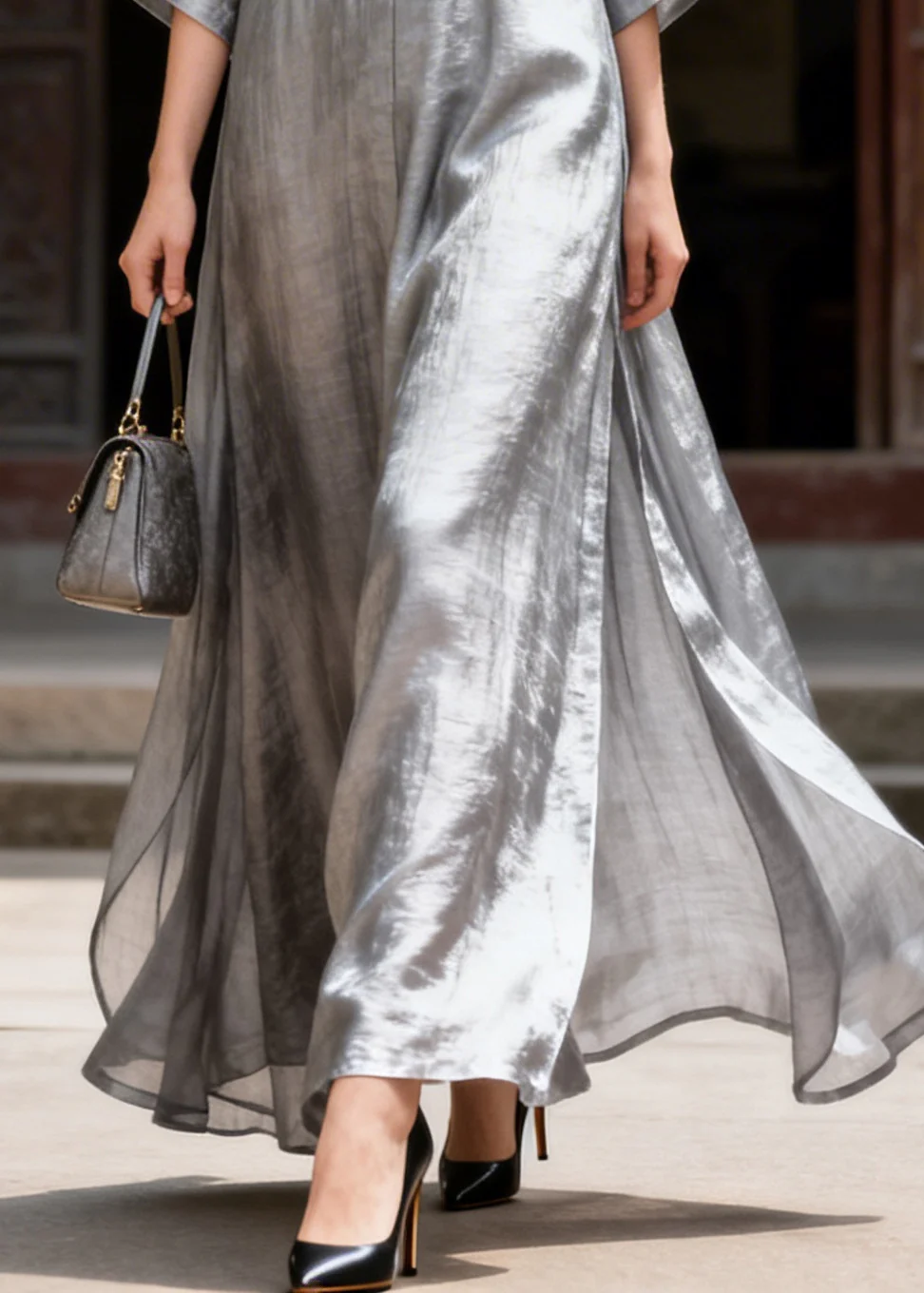 Classy Grey V Neck Chinese Button Side Open Silk Long Dress Summer - Image 4