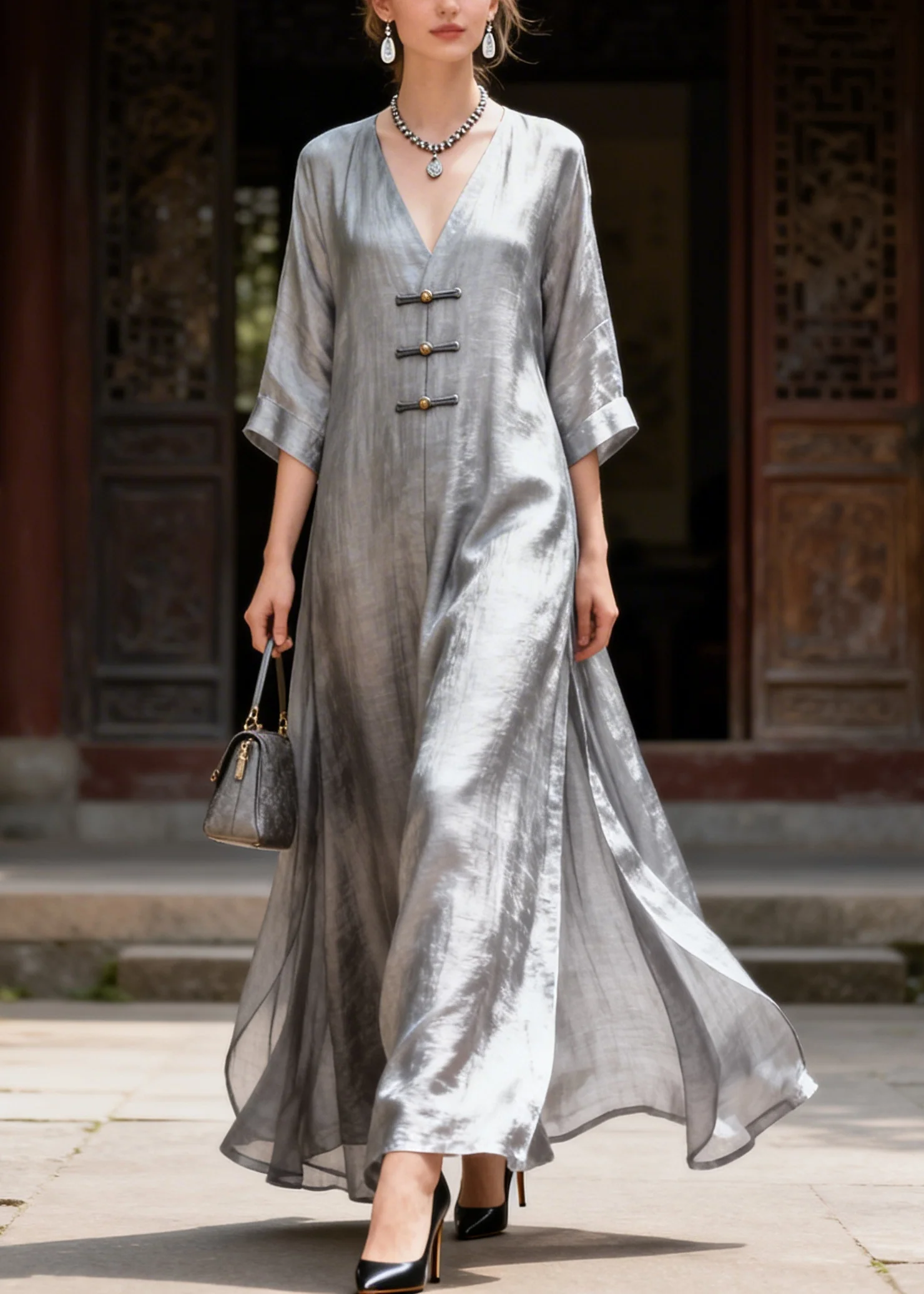 Classy Grey V Neck Chinese Button Side Open Silk Long Dress Summer - Image 5