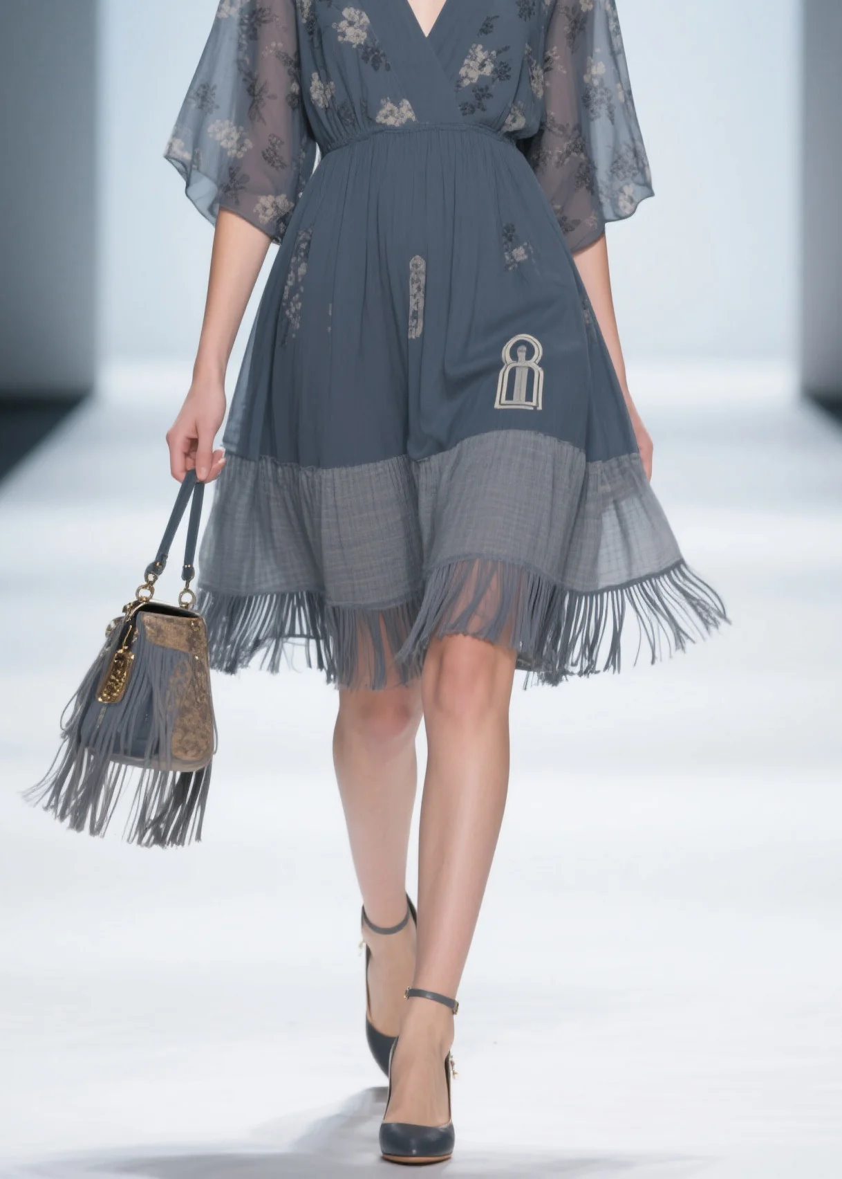 Classy Grey V Neck Tassel Patchwork Cotton Dress Summer - Image 4
