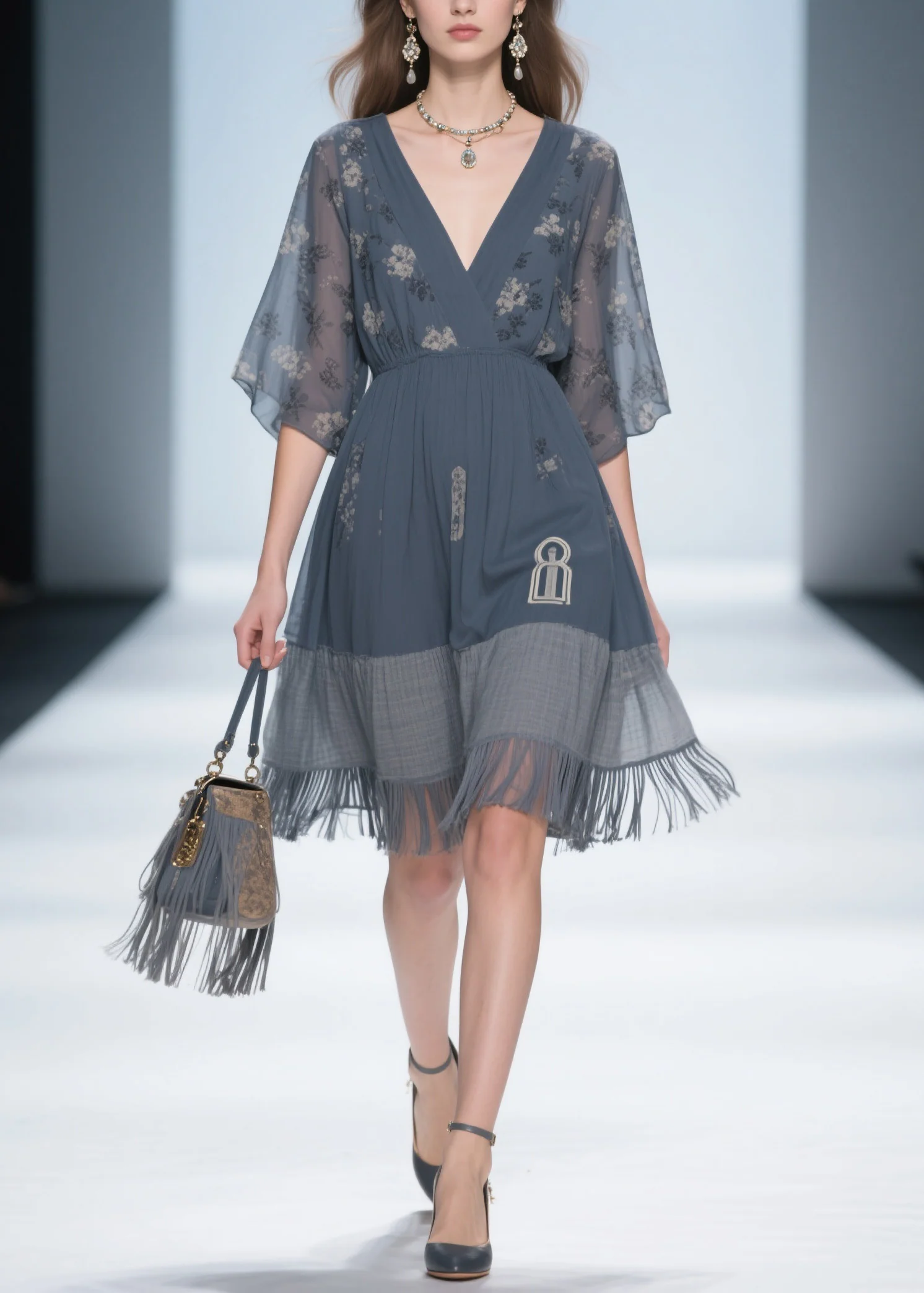 Classy Grey V Neck Tassel Patchwork Cotton Dress Summer - Image 5